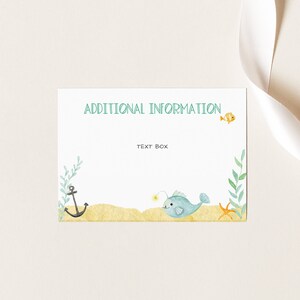 May include: A printable card with the text "ADDITIONAL INFORMATION" and "TEXT BOX" in a teal blue font. The card has a watercolor illustration of an anchor, seaweed, a starfish, and a blue anglerfish with a light bulb on its head.