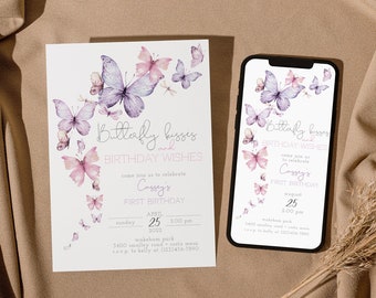 Butterfly Kisses And Birthday Wishes Invitation, Girl Birthday Evite, Butterfly First Birthday, 1st Birthday, Editable PDF, Instant Download