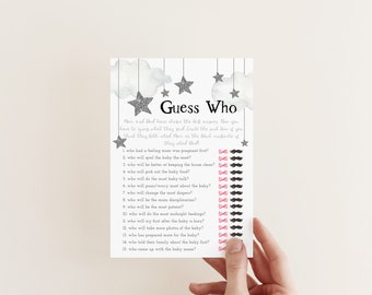 Twinkle Star Guess Who Baby Shower Game, Mom Or Dad Question Game, Over The Moon Shower, Silver Stars, Printable Games, Instant Download