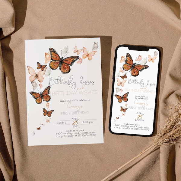 Butterfly Kisses And Birthday Wishes Invitation, Monarch Evite, Butterfly First Birthday, 1st Birthday, Editable PDF, Instant Download