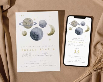 Navy And Gold First Trip Around The Sun Birthday Invitation, Space 1st Birthday Evite, Boy Girl Birthday, Editable PDF, Instant Download