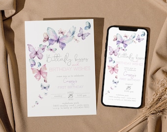 Butterfly Kisses And Birthday Wishes Invitation, Girl Birthday Evite, Butterfly First Birthday, 1st Birthday, Editable PDF, Instant Download