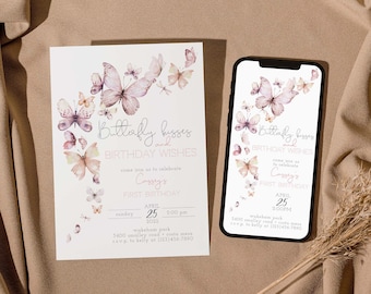 May include: A digital and printed invitation with a butterfly theme for a first birthday party. The invitation features a watercolor illustration of butterflies in shades of pink and purple. The text on the invitation reads "Butterfly kisses and birthday wishes" and includes the name "Correy" and the date "April 25, 2023".