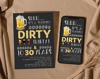 Surprise Dirty 30 Birthday Invitation, Cheers And Beers Birthday Evite, Thirtieth Birthday, Text Or Print, Editable PDF, Instant Download