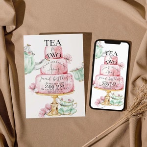 Tea Party Invitation, Girl Birthday Evite, Tea For Two, 2nd Birthday, Girly Invite, Tea Cups And Cake, Editable PDF, Instant Download
