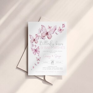Pink Butterfly Kisses Baby Shower Invitation, Girl Baby Shower, Butterfly Kisses And Baby Wishes, Editable PDF, Instant Download