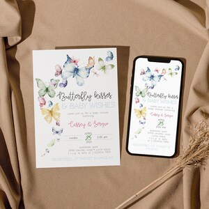 Butterfly Kisses And Baby Wishes Baby Shower Invitation, Colorful Baby Shower Evite, Butterfly Baby Sprinkle, Editable PDF, Instant Download