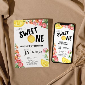 Sweet One verjaardagsuitnodiging, meisje 1e verjaardag Evite, citroen eerste verjaardag, roze bloemen verjaardag uitnodigen, bewerkbare PDF, Instant Download