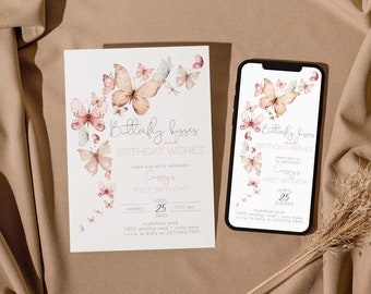 May include: A digital invitation with a watercolor butterfly design. The invitation reads "Butterfly kisses and birthday wishes" and is for a first birthday party. The invitation is displayed on a phone and a printed card.