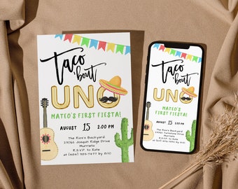 EDITABLE Taco Bout Uno Invite, Taco Bout One Evite, First Fiesta Birthday Invitation, Taco Party, 1st Birthday, Instant Download