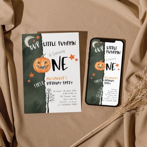 Little Pumpkin First Birthday Invitation, Jack-O-Lantern 1st Birthday Evite, Fall First Birthday, Halloween, Editable PDF, Instant Download