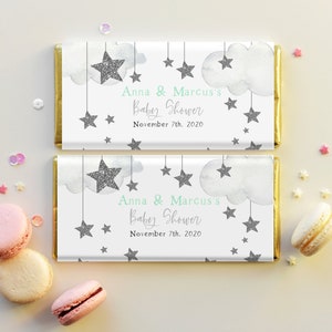 きらきら星のベビーシャワーチョコレートラッパー、男の子のベビーシャワー、シルバースターベビースプリンクル、編集可能なPDF、即時ダウンロード