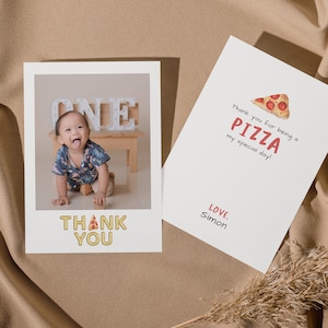 EDITIERBARE Pizza Geburtstag Dankeschön Mit Bild, Scheibe Scheibe Baby Erster Geburtstag Postkarte, Pizza Party Dankeskarten, Instant Download