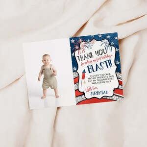 EDITIERBARE Feuerwerkskörper 1. Geburtstag Danke mit Bild, 4. Juli Erster Geburtstag, Feuerwerk Danke, patriotischer Bday, Instant Download