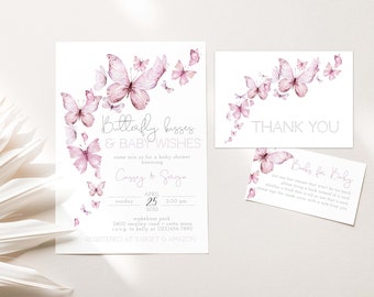 Pink Butterfly Kisses Baby Shower Invitation, Girl Baby Shower, Butterfly Kisses And Baby Wishes, Editable PDF, Instant Download