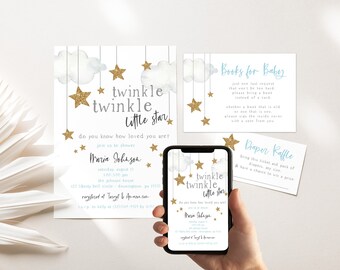 Twinkle Twinkle Little Star Baby Shower Invitation, Boy Baby Shower Invite, Little Star Baby Sprinkle, Editable PDF, Instant Download
