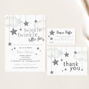 Twinkle Twinkle Little Star Baby Shower Invitation, Gender Neutral Baby Shower, Silver Star Baby Sprinkle, Editable PDF, Instant Download
