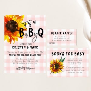May include: A pink and white gingham baby shower invitation with a sunflower graphic. The invitation reads "It's a BaByQ" and includes the names "Kristen & Mark". The invitation also includes the date and time of the event, the location, and RSVP information.