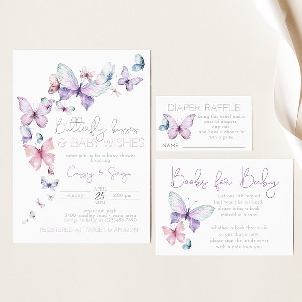 Butterfly Kisses And Baby Wishes Baby Shower Invitation, Girl Baby Shower, Butterfly Baby Sprinkle, Editable PDF, Instant Download