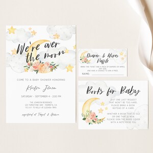 EDITABLE Floral Over The Moon Baby Shower Invitation, Moon And Stars Invite, Girl Baby Shower, Twinkle Star, Editable PDF, Instant Download