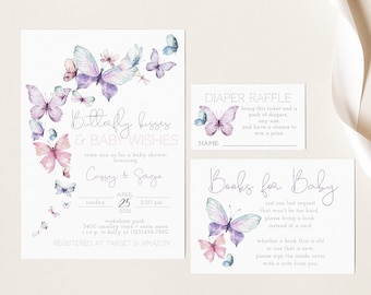 Butterfly Kisses And Baby Wishes Baby Shower Invitation, Girl Baby Shower, Butterfly Baby Sprinkle, Editable PDF, Instant Download