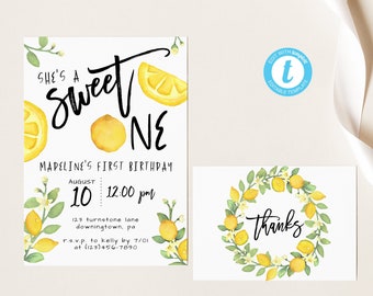 EDITABLE Lemons 1st Birthday Invite, Lemon First Birthday Invitation, Sweet One Birthday, 1st Birthday, Girl Birthday, Instant Download
