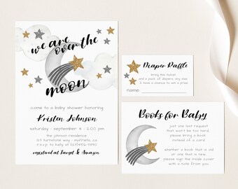 EDITABLE Over The Moon Baby Shower Invitation, Shooting Star Invite, Boy Or Girl Baby Shower, Twinkle Star, Editable PDF, Instant Download