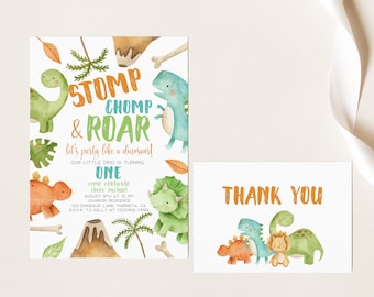 EDITABLE Stomp Chomp And Roar Birthday Invite, Dino-Mite First Birthday, Dinosaur Birthday Invitation, Boy First Birthday, Instant Download