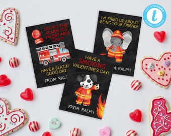 Firefighter Valentines Day Cards, Valentines Day Cards Template, Firetruck Valentines For Kids, Editable Valentine, Instant Download