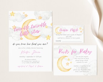 Peut inclure: Invitation à une fête prénatale sur le thème "Twinkle Twinkle Little Star" avec une lune en croissant jaune et des étoiles sur un fond aquarelle bleu et blanc. L'invitation comprend le texte "do you know how loved you are?" et le nom "Kristen Johnson".
