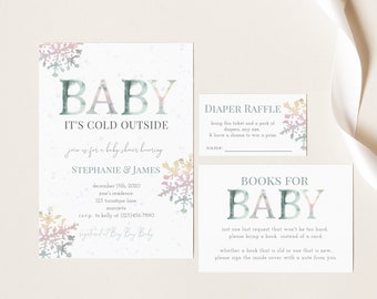Può includere: Set di inviti per baby shower a tema invernale. L'invito principale recita "Baby, It's Cold Outside" con accenti di fiocchi di neve. Include una scheda per la lotteria dei pannolini e una scheda per la richiesta di libri.