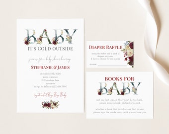 Può includere: Un invito a un baby shower con un design floreale e il testo "Baby It's Cold Outside". L'invito include i nomi Stephanie & James, la data 15 dicembre 2020 e l'indirizzo 123 Turnstone Lane, Murriela. L'invito include anche un biglietto per una lotteria di pannolini e una richiesta di libri per il bambino.