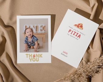EDITABLE Pizza Birthday Thank You With Picture, Slice Slice Baby First Birthday Postcard, Pizza Party Thank You Cards, Instant Download