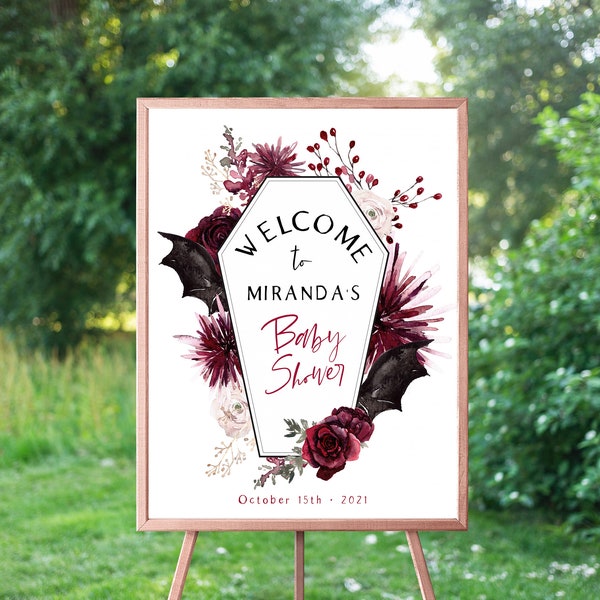 Signo de bienvenida de Halloween, signo personalizado de baby shower, signo de ataúd, signo de vampiro y murciélago, baby shower de otoño, baby shower espeluznante, descarga instantánea