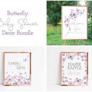 Butterfly Baby Shower Decoraties Bundel, Butterfly Kisses Signs, Luier Loterij, Cadeau en Kaart Tafelbord, Welkomstbord, Instant Download