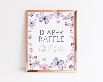 Butterfly Diaper Raffle Sign, Butterfly Kisses And Baby Wishes Diaper Raffle, Girl Baby Shower Sign, Editable PDF, Instant Download