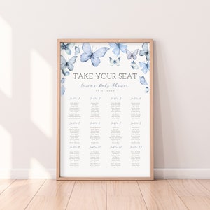 Blauwe vlinder zitplaatsen grafiek, aangepaste neem uw stoel teken, vlinders baby shower, vlinder bruids douche poster, Instant Download
