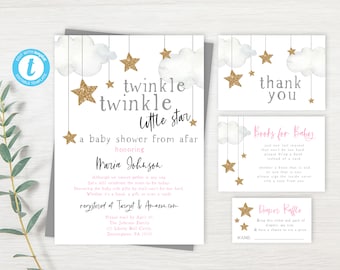 May include: Twinkle Twinkle Little Star baby shower invitation with gold glitter stars and clouds. The invitation includes the text "Twinkle Twinkle Little Star, a baby shower from afar, honoring Maria Johnson".