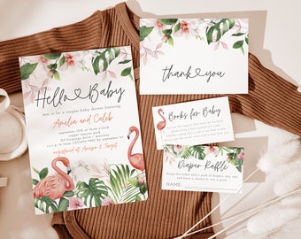 Tropical Flamingo Baby Shower Invitation, Couples Baby Shower, Tropical Baby Sprinkle, Flamingo Invite, Editable PDF, Instant Download
