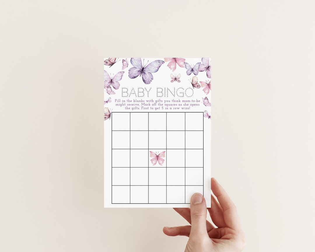 Butterfly Bingo Baby Shower Game, Pink and Purple Butterflies Baby ...