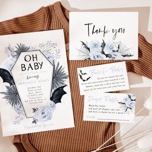 Oh Baby Blue Halloween Baby Shower Invitation, Fall Baby Shower, Vampire Bat Baby Sprinkle, Coffin Invite, Editable PDF, Instant Download