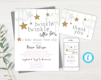 May include: Twinkle Twinkle Little Star baby shower invitation with a gold glitter star and white clouds on a gray background. The invitation includes the text "Twinkle Twinkle Little Star" and "a baby shower from afar".
