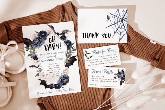 Oh Baby Halloween Baby Shower Invitation, Blue Fall Baby Shower, Vampire Bat Baby Sprinkle, Coffin Invite, Editable PDF, Instant Download