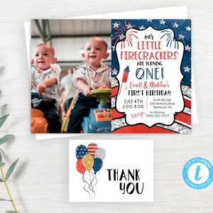 EDITABLE Little Firecrackers First Birthday Invite, Twins Birthday Invitation Picture, Red White Blue, Boy Or Girl Invite, Instant Download