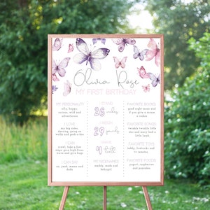 Tablero de cumpleaños de mariposa rosa y púrpura EDITABLE, tablero de hitos del 1er cumpleaños, primer cumpleaños de la niña, cumpleaños de las mariposas, descarga instantánea