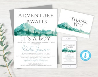 Adventure Awaits Baby Shower By Mail Invitation, Long Distance Shower, Baby Shower, Boy Shower By Mail, Editable PDF, Instant Download