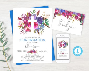 EDITABLE Floral Confirmation Invite, Boho Invitation Template, Confirmation Invitation, Girl Confirmation, PDF, Instant Download