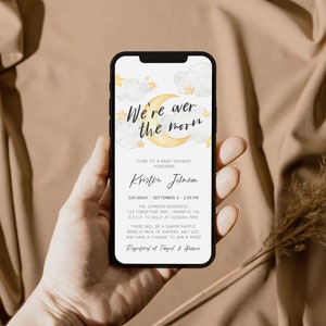 Over The Moon Baby Shower Evite, Moon And Stars Digital Invitation, Text SMS Invite, Editable Mobile Invite, Instant Download