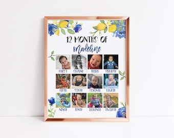 EDITABLE Lemons Picture Board, Blue Floral And Lemon Birthday Board, Monthly Photo Poster, Girl Citrus 1st Birthday Collage,Instant Download