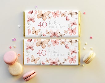 EDITABLE Peach And Pink Butterfly Birthday Chocolate Wrapper, 40th Birthday, Butterfly Birthday Candy Wrapper, PDF, Instant Download